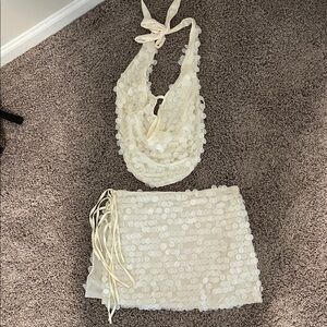 Cream Sequin Halter Top and Skirt Set